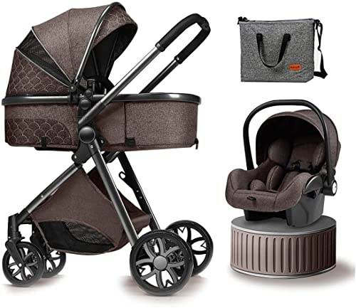 KTOL Cochecas y cochecitos 3 en 1 Sistema de Viaje con Bolsa de pañales Convertible Capital y Cubierta de Lluvia, Cochecito de Bassinet recién Nacido con Asiento de Alta Vista (Color : Chocolate)
