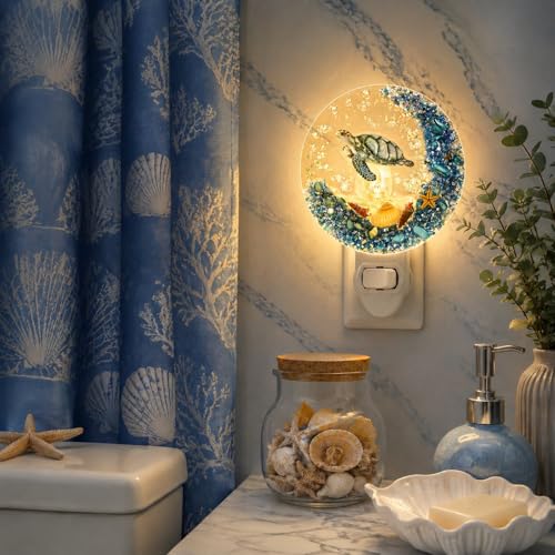 Image of Hortsun Plug in Seashell Night Light Ocean Sea Animal Decorative Night Light Plug in Beach Lamps Vintage Ocean Lamps for Adult for Home Bedroom Living Room Bathroom Wall (Sea Turtle)