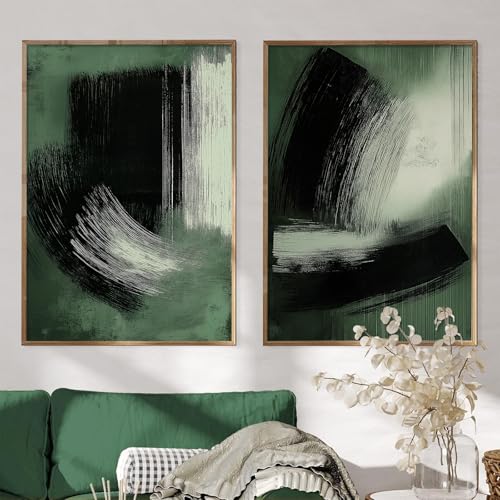 Deocorlevel Green And Black Abstract Wall Art White Painting Modern
