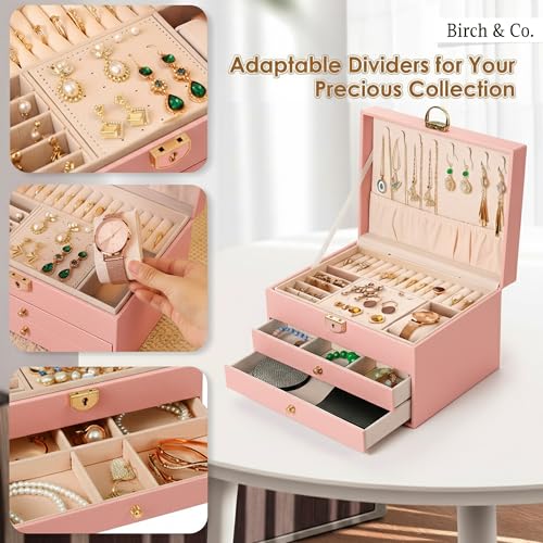 Image of Birch & Co. Jewellery Box - 3 Layer jwell organizer storage box, Portable Travel-Friendly Storage. Elegant Storage Case for Rings, Earrings, Necklaces & Bracelets, Pink