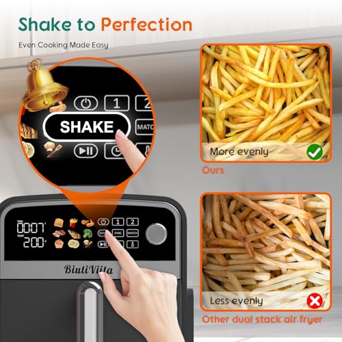 BiutiViita 10L Double Stack Air Fryer with Dual Basket & 2 Drawers – 2400W Dual Air Fryer for Even Heating with 4 cooking levels | 9-in-1 Modes, Sync&Match, Shake Reminder,Large for Family Capacity - Image 4