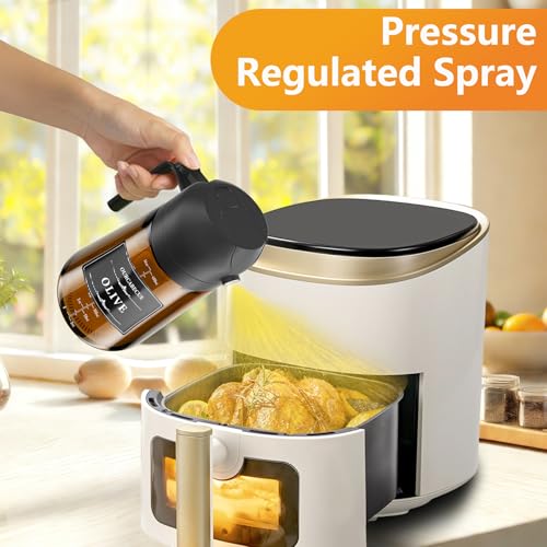 Image of Olive Oil Sprayer & Dispenser for Cooking, 16oz Dark Glass Oil Mister, 2PC | 2-in-1 Oil Sprayer & Pourer, Fine mist, Light-Blocking, Wide Mouth, Easy Refill & Clean, 8 Oil Labels, Reusable, with Scale