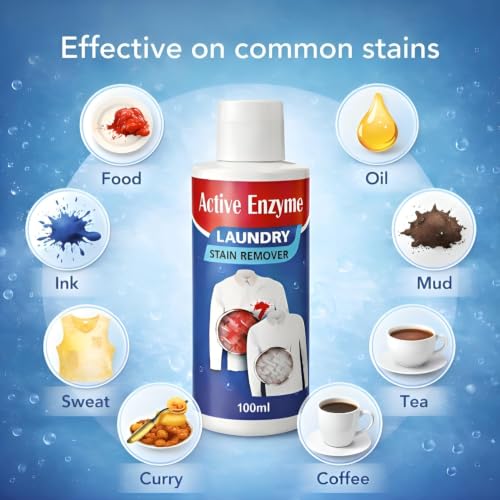 Image of Active Enzyme Laundry Stain Remover Liquid 100ml | Powerful Fabric Stain Cleaner for Clothes | Removes Food, Oil, Grease, Ink & Sweat Stains | Easy Pre-Wash Treatment (3)