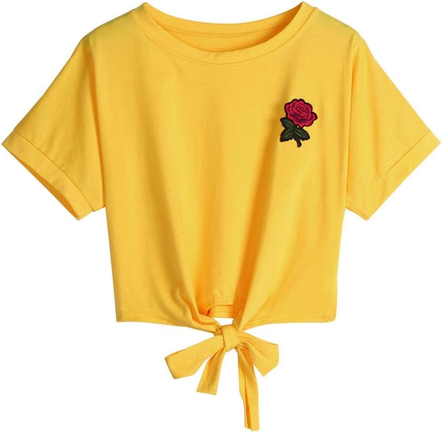 Quistal Women's Basic Short Sleeve Crop Top Embroidery Rose Printed Tie Front T-Shirt Blouse Tees Tops