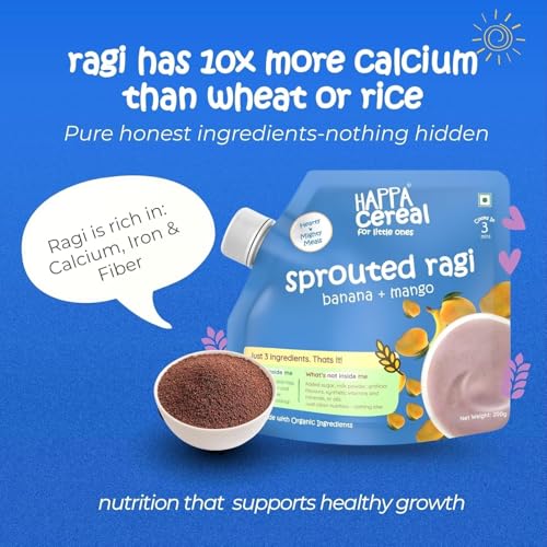 Image of Happa Ragi Mango Banana Organic Cereal for Babies | Only 3 Ingredients | No Sugar, Oil, Milk Powder, Flavours or Colours | Traditional Porridge Recipe | Cooks in 3 Minutes | Stage 2 (6 Months+) | 200g Pack