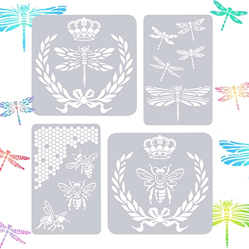 DURNATEY 2 Plantilla Libelula + 2 Plantilla Abeja, Plantilla Estarcido Insectos Stencil Libelula Reutilizable Stencil Panal de Abejas de PET Durable para Manualidades Pintura Pared Hornear Muebles
