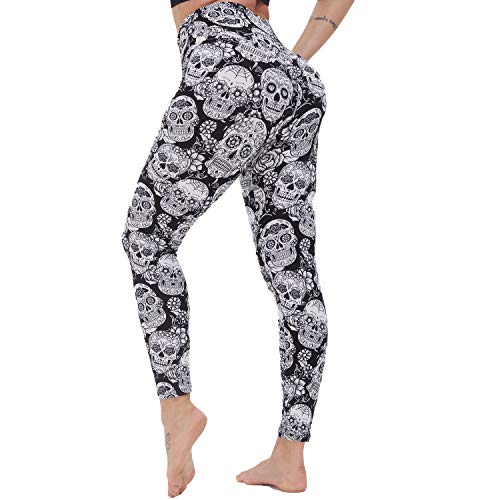 NexiEpoch Leggings for Women - High Waist Soft Tummy Control Stretch Pants for Yoga Workout, Training (Skull, Large-X-Large)