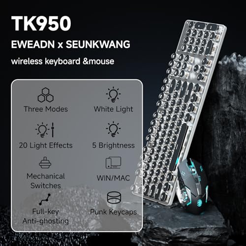 Image of EWEADN TK950 Typewriter Mechanical Keyboard and Mouse, 104 Keys Aesthetic Typewriter Keyboard Mouse Combo with White Backlit, Anti-Ghosting, Black Switch Bluetooth /2.4GHz /Wired Cute Keyboards-Black