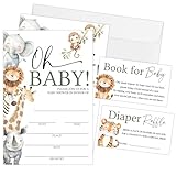 SIXEIGHT Baby Shower Invitations for Boys Girls, 25 Sets Safari Baby Shower Invites with Envelopes, Diaper Raffle Tickets & Books for Baby Cards, Jungle Animals Gender Reveal Party Decorations-A05