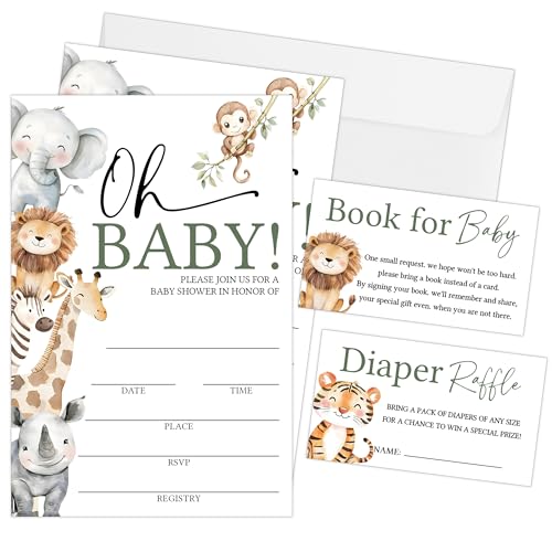 SIXEIGHT Baby Shower Invitations for Boys Girls, 25 Sets Safari Baby Shower Invites with Envelopes, Diaper Raffle Tickets & Books for Baby Cards, Jungle Animals Gender Reveal Party Decorations-A05