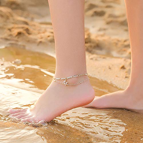 Ankle Bracelets for Women, 14K Gold Plated Dainty Layered Figaro Chain CZ Initial Anklets Summer Jewelry Gifts for Women Teen Girls - Image 4