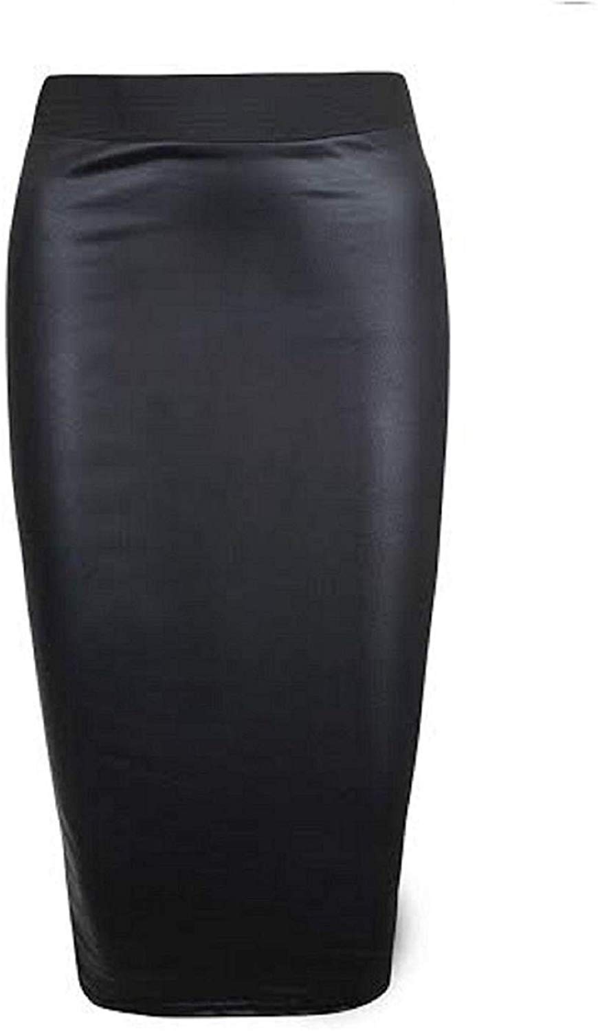 GirlzWalk@ Womens Faux Leather Ladies Elastic Waistband Bodycon Stretch Wet Look Pencil Fitted Tube Midi,Mini Skirts All Wet Look Variety ((Wet Look) Pencil Skirt, SM/UK 8-10)