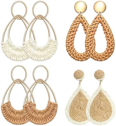 4 Pairs Handmade Raffia Rattan Bohemian Round Drop Dangle Earring...