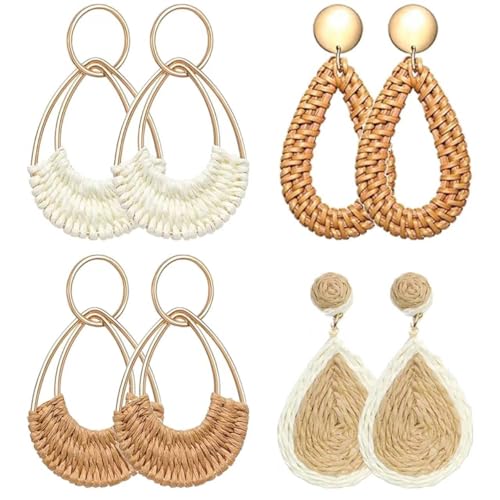 4 Pairs Handmade Raffia Rattan Bohemian Round Drop Dangle Earrings for Women, Boho Statement Cute Fun Hoop Earrings Set (Teardrop raffia and rattan)