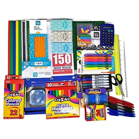 School Supplies Bundle with Markers, Sharpeners, Erasers, Glue Sticks, Earbuds, Folders, Index Cards, Highlighters, Rulers, Calculator, Scissors, Pouch and Notebooks for 4th Thru 7th Grades (37 Items) Cover