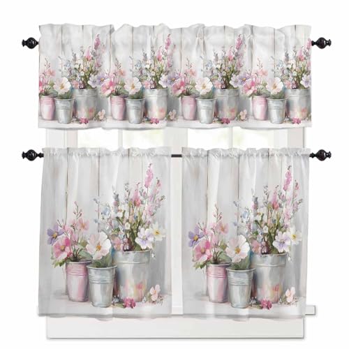 Spring Flowers Kitchen Curtains 36 Inch Length,3 Piece Rod Pocket Small Half Tiers and Valance Set,Purple Pink Floral Vintage Wooden Plank Small Large Window Treatment Decor for Bedroom/Bathroom Sink