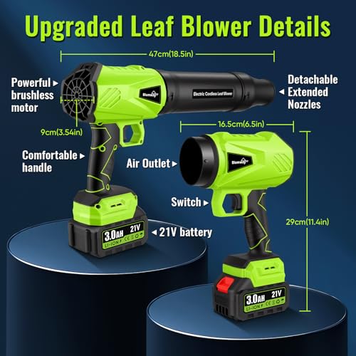 Image of Blumway Leaf Blower Cordless with Battery, 21V Handheld Leaf Blower with 3 Extended Nozzles, Electric Leaf Blowers with 2 Pcs 3.0Ah Batteries, Portable Leaf Blowers for Lawn Care, Leaves,Dust, Car