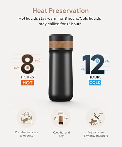 Miniatura 5 de HAILASRE Cafetera portátil de prensa francesa de viaje, taza de café de acero inoxidable, 12 onzas, ideal para acampar y viajar