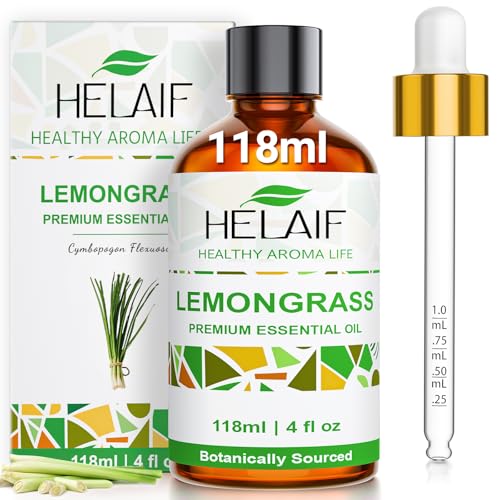 HELAIF Aceite Esencial de Hierba de Limón 118 ml (4 OZ) Extraído por Destilación Aroma Herbal Adecuado para Aromaterapia Cuidado de la Piel Difusión y Masajes