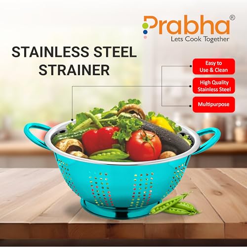 Image of Prabha Colander Stainless Steel Strainer Sieves, 3000ML, 24cm|Kitchen Strainer With Handle-Essential Kitchen | Colanders Bowl, Basket | Colander For Rice Straining Washing Fruits, Vegetables,Blue