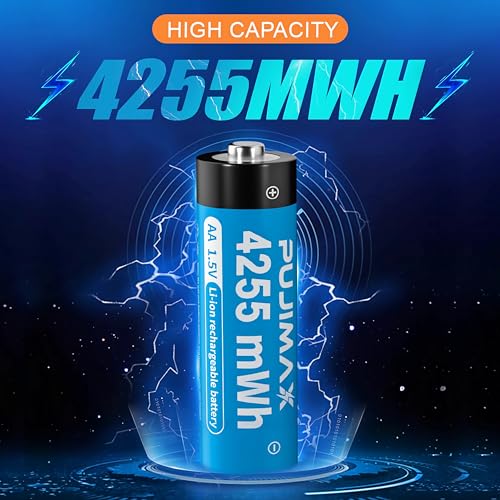PUJIMAX Rechargeable AA Batteries Lithium with Charger,High Capacity 4255 mWh 1.5v Rechargeable Li-ion Double A Batteries for Blink Camera Smart Doorbell Smart Lock 4pack
