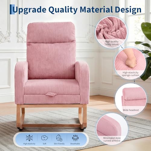 Image of Garvee Nursery Rocking Chair with Foot Rest,Corduroy Upholstered Reading Glider Chair,High Backrest & Side Pocket for Living Room, Bedroom, Baby Room