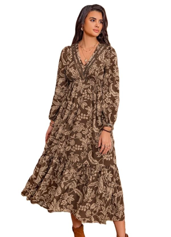 Dress for Women ||Bohemian Brown Print Casual Comfortable Women's Long Sleeve Maxi Dress|| Popular Autumn Apparel Fashion (D-03-05)