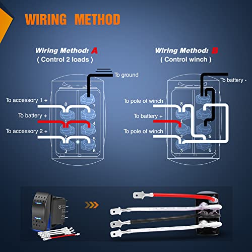Image of Nilight 7Pin Momentary Rocker Switch DPDT Toggle(On)-Off-(On) | 3 Way Electrical 12V /20A 24V /10A Waterproof with Jumper Wires for Winch in Out Down Up Trucks RV Boats Automotive Cars Blue