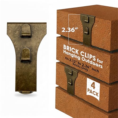 Brick Clips for Hanging Outdoors, 4 Pack No-Drill Brick Hangers Hold Up to 25 lbs Each, Fits 2.12'-2.36' Bricks, Brick Hooks for Pictures, Wreaths, Wall Art, Planters & Decor
