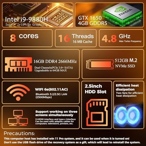 Image of Mini Gaming PC, Intel Core i9-9980HK(8C /16T, up to 5.0GHz), GeForce GTX 1650 4G Mini Computer with RGB Lights, 16GB DDR4 512GB NVMe SSD, 2X HDMI + Type-C, WiFi 6E BT 5.3, 1G LAN, Windows 11 Pro, Black