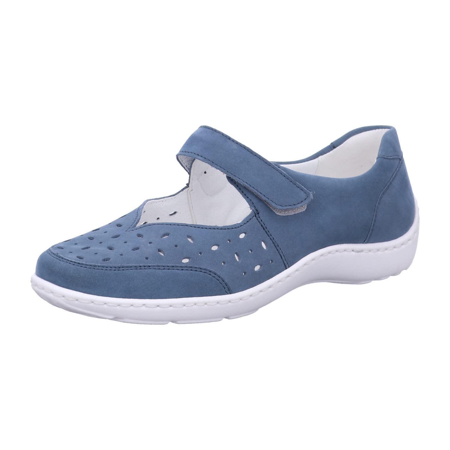 Waldläufer 496325 191 263 Denim Nubuck Leather Womens Wide Fit Mary Jane Shoes