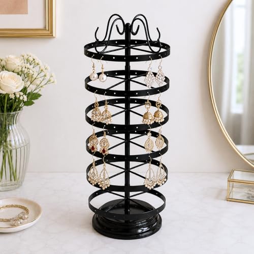 Image of ecofynd 6-Tier Metal Jewelry Organizer Stand with 144 Holes, 360 Rotating 21-Inch Holder for Earrings, Necklaces, Bracelets & Rings, Space-Saving Display for Vanity & Dressing Table (Black, JS009)