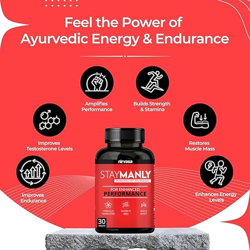 Image of Nirvasa StayManly Tablets (30 Tabs) | Ayurvedic Strength, Stamina & Performance Booster | Boosts Energy, Endurance & Vitality | Tribulus Terrestris, Ashwagandha, Safed Musli & Shilajit- Pack of 1