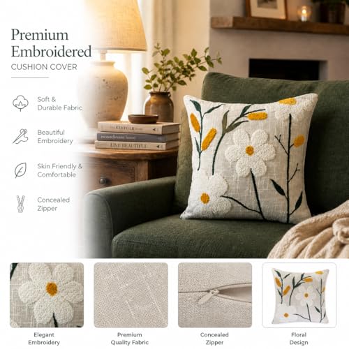 Image of Prista Hand Embroidered Cushion Covers Set of 2 | Minimal White Floral Tufted Design | 16x16 Inch Boho Sofa Covers | Cotton | 40 cm x 40 cm | Hidden Zipper | Living Room Bedroom Decor (Minimal Floral)