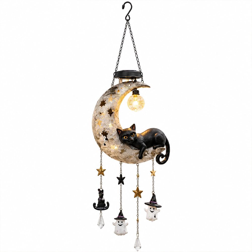 Solar Powered Moon Cat Hanging Light Metal Crescent Garden Decor