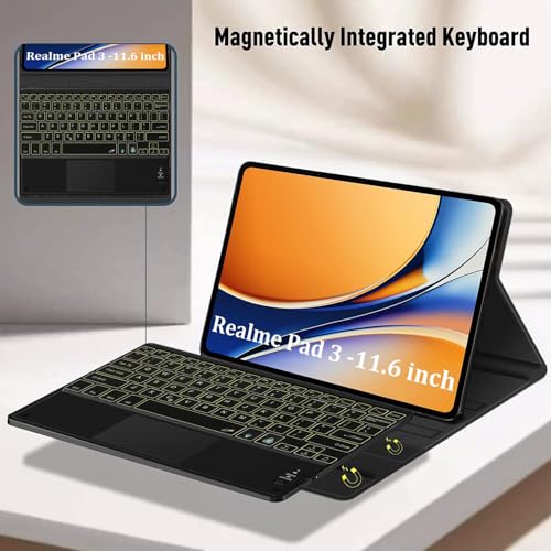 Image of HOM Tri-Fold 7-Colour Backlight Detachable Wireless Bluetooth Keyboard with Trackpad /Touchpad Tablet Cover Case for Realme Pad 3 11.61 inch