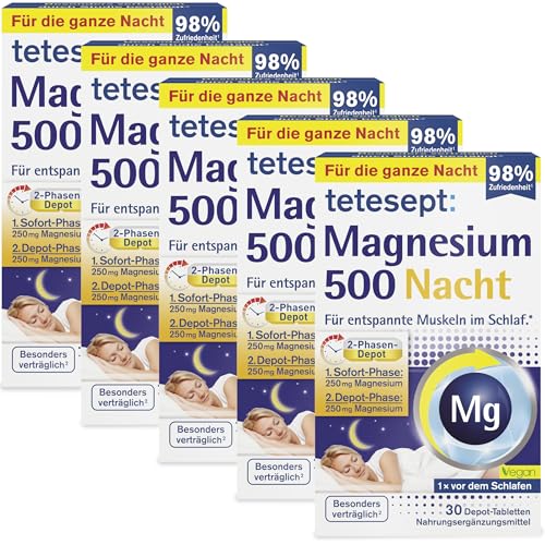 tetesept Magnesium 500 Nacht - 5 x 30 hochdosierte Tabletten - Nahrungsergänzungsmittel für entspannte Muskeln im Schlaf mit Magnesium Tabletten