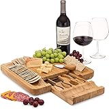 Bamboo Cheese Board Charcuterie Board Set With Cutlery - Slide-Out Drawer Includes 4 Stainless Steel Serving Utensils - Serving Tray for Wedding Gifts, Anniversary Gifts, Christmas Gifts, Housewarming