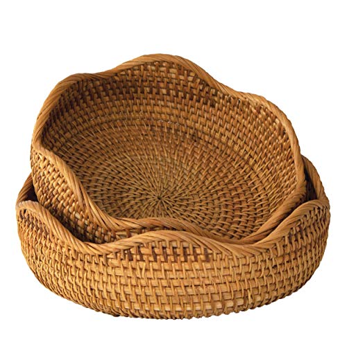 Set 2 Bol natural de mimbre tejido cesta de frutas | Tazón de almacenamiento decorativo hecho a mano Elegante mesa de comedor de sobre encimera rústica Boho Decoración de cocina (M,S)