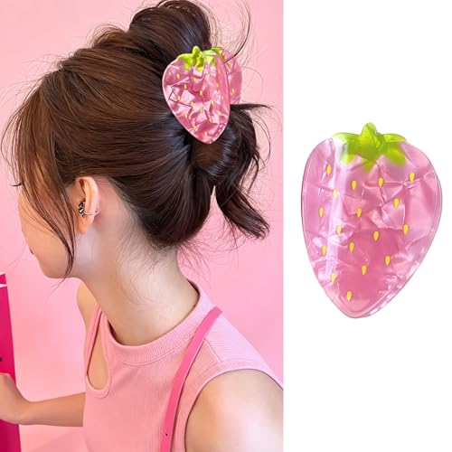 1Pack Pink Strawberry Hair Claw Clip Acetate Non-slip Acrylic Hair Clips Cute Spring Fruit Design Hair Catch Barrette Acrylic Hair Accessories Summer Hair Jaw Clip for Women Girls Thick & Thin Hair