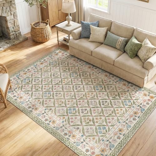 jinchan Haden 6x9 Large Area Rug for Living Room Vintage Floral Cottage Rug Soft Non-Slip Low Pile Washable Bedroom Dining Room Home Decor Girls Dorm Carpet Sage Green