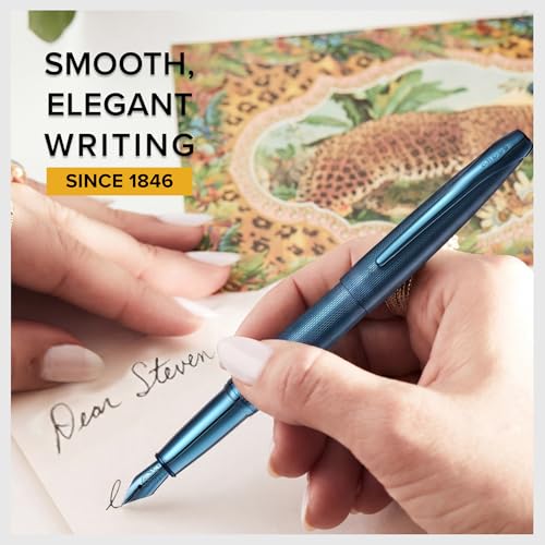 Image of Cross ATX Luxury Sandblasted Dark Blue PVD Fountain Pen with Polished Metal Trim - Medium Nib, Smooth Writing, Presented in Premium Gift Box