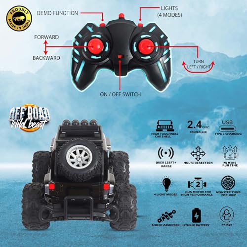 Image of popsugar Off Roader Rechargeable Remote Control Car | RC Car Monster Truck | 4 Headlight Modes | Lithium Battery | C-Type Charging | 2.4GHz Remote Controller | Made in India, Black