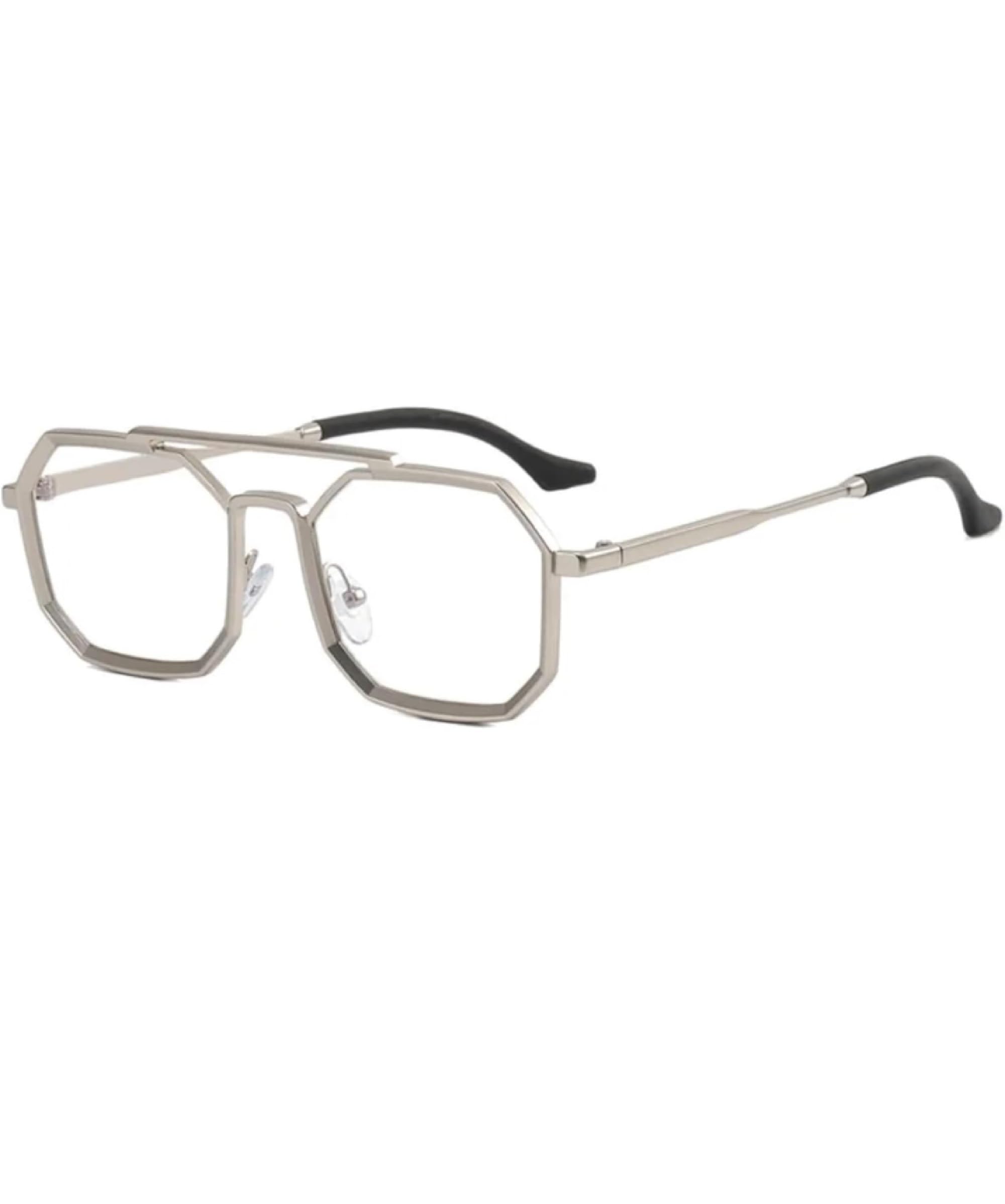 Hexagonal Polygon Metal Frame Stylish Sunglass Unisex (Silver - Clear)(222 silvr clear_BZ)-picture-32