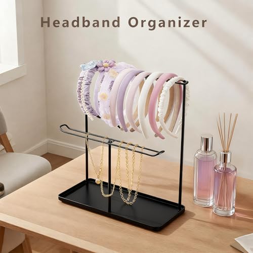Image of Headband Holder Organizer Metal 2-Tier with Tray, Necklace Storage Hairband Rack Hair Accessories Display Stand Stand Home Bedroom College Dorm Decor for Girls Women (Black)