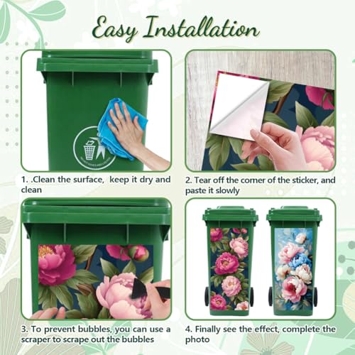 Image of Peacoblue Wheelie Bin Stickers 2 Sheets Peonies and Leaves Sticky Dustbin Stickers Decals, 15 inch x 32 inch Waterproof Large Wraps for Trash Cans Bins Fridges Door Wall Garden Outdoor Indoor Patio Decor