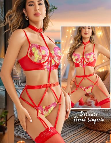 Image of Avidlove Garter Lingerie Sets for Women Sexy with Removable Choker Floral Embroidered Underwire Lingerie (No Stockings)