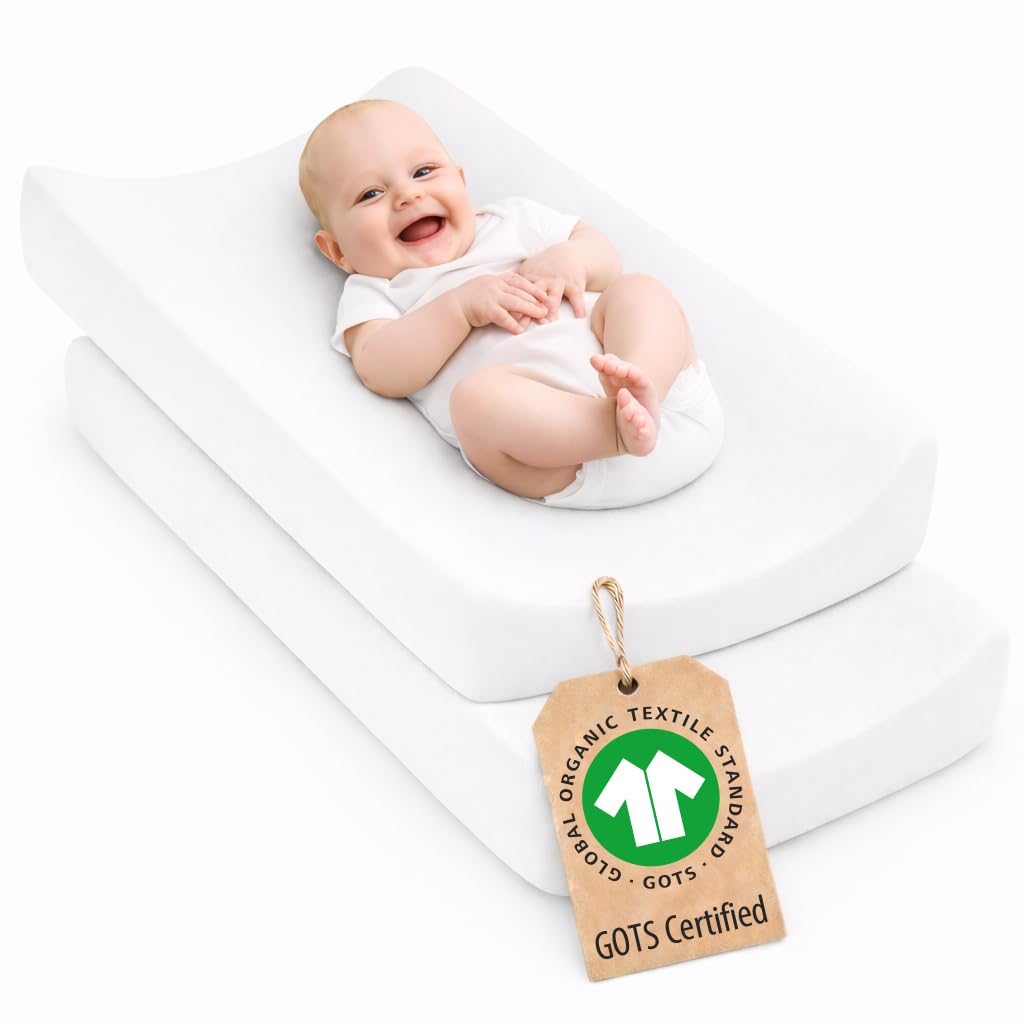 Plush Organic Changing Pad Covers Boy,Girl - GOTS 100% Certified Organic Cotton Changing Table Pad Cover, Baby Nursery Diaper Changing Pad Sheets,Table Contour Pads Liners (White + White)