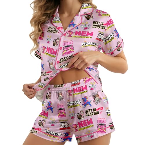 Image of Women 2 Pcs Short Satin Pajama Set Printed Silky Soft Loungewear