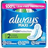 Always Maxi Feminine Pads for Women, Size 2, Long, Super Absorbency, with Wings, Unscented, 60 Count (Packaging May Vary)
